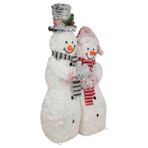 39" Lighted Snowy Tinsel Snowman Couple Outdoor Christmas Decoration