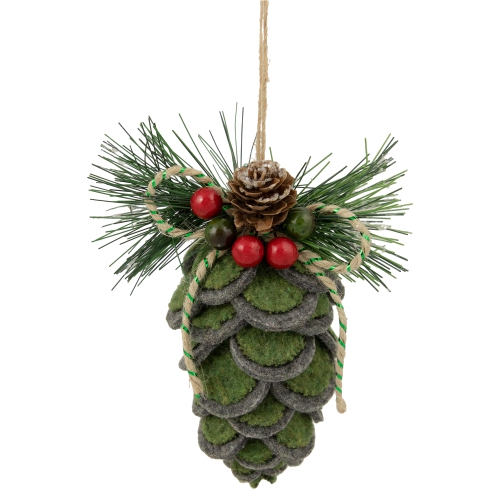 NORTHLIGHT  6" Felt Pine Cone With Berries Christmas Ornament In Green