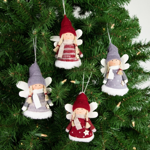 Plush Angel Girl Hanging Christmas Ornaments - 4.25" - Red and Gray - Set of 4