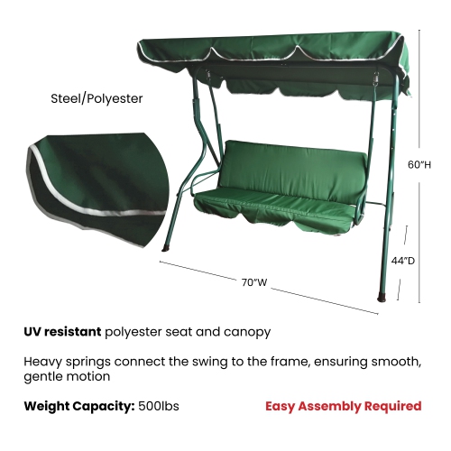 3-Seater Outdoor Patio Swing with Adjustable Canopy - Green