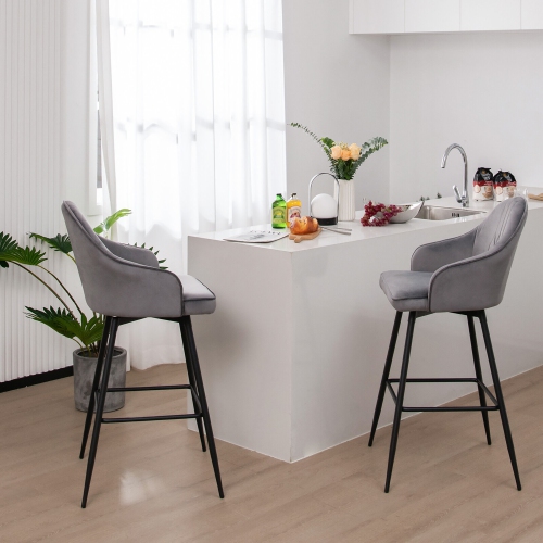Gymax Set of 2 Velvet Bar Stools Swivel Pub Height Dining Chairs w/ Metal Legs Gray