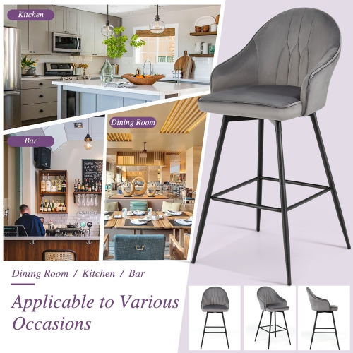 Gymax Set of 2 Velvet Bar Stools Swivel Pub Height Dining Chairs w/ Metal Legs Gray