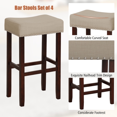 Gymax Set of 4 Bar Stools Bar Height Saddle Kitchen Chairs w/ Wooden Legs Beige