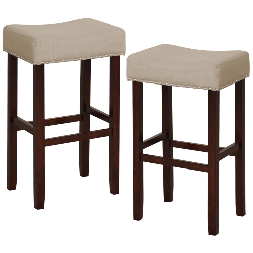 Gymax Set of 4 Bar Stools Bar Height Saddle Kitchen Chairs w/ Wooden Legs Beige