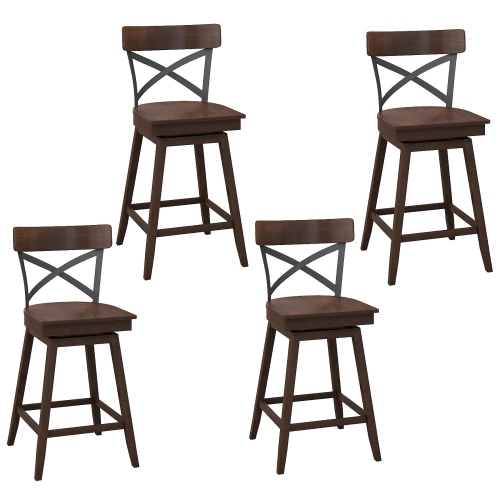 Gymax Set of 4 Wooden Swivel Bar Stools Counter Height Kitchen Chairs w/ Back Brown