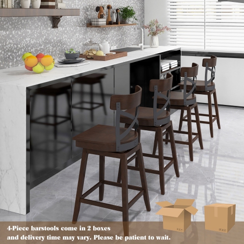 Gymax Set of 4 Wooden Swivel Bar Stools Counter Height Kitchen Chairs w/ Back Brown