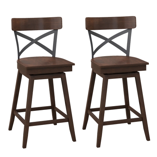 GYMAX  Set Of 2 Wooden Swivel Bar Stools Counter Height Kitchen Chairs W/ Back In Brown