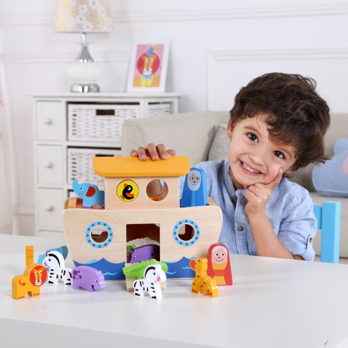 TOOKYLAND Wooden Noah's Ark Playset - 18pcs Animal Shape Sorter Toy, for Toddlers 2 Year Old +