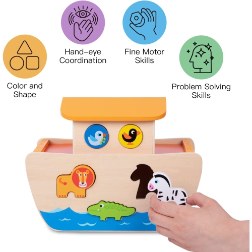 TOOKYLAND Wooden Noah's Ark Playset - 18pcs Animal Shape Sorter Toy, for Toddlers 2 Year Old +