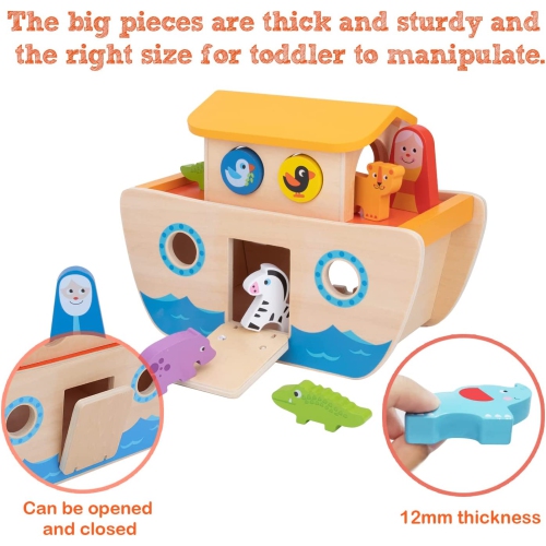 TOOKYLAND Wooden Noah's Ark Playset - 18pcs Animal Shape Sorter Toy, for Toddlers 2 Year Old +