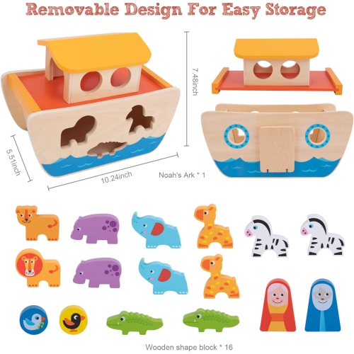 TOOKYLAND Wooden Noah's Ark Playset - 18pcs Animal Shape Sorter Toy, for Toddlers 2 Year Old +