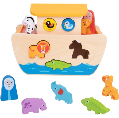 TOOKYLAND Wooden Noah's Ark Playset - 18pcs Animal Shape Sorter Toy, for Toddlers 2 Year Old +