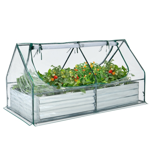 GYMAX  Galvanized Steel Raised Garden Bed Metal Planter Box Kit W/ Mini Greenhouse Cover