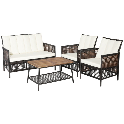 Gymax 4PCS Cushioned Patio PE Wicker Conversation Furniture Set w/ Acacia Wood Tabletop