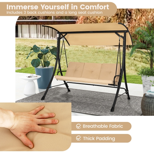 Gymax 3 Person Patio Porch Swing Outdoor Swing Chair w/ Cushions & Adjustable Canopy