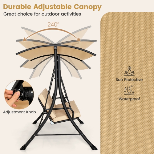 Gymax 3 Person Patio Porch Swing Outdoor Swing Chair w/ Cushions & Adjustable Canopy