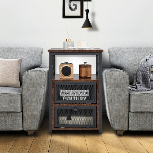 Gymax 2PCS Side End Table Nightstands w/ 2 Open shelves & 2 Flip Drawers Rustic Brown