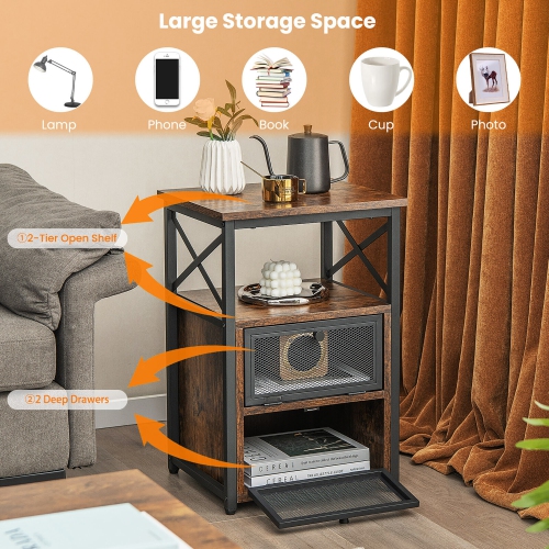 Gymax 2PCS Side End Table Nightstands w/ 2 Open shelves & 2 Flip Drawers Rustic Brown