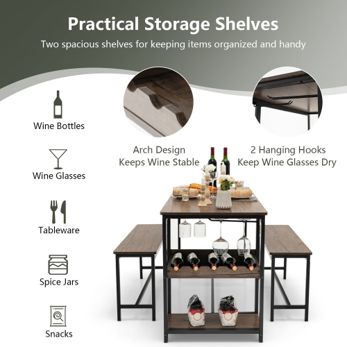 Gymax 3PCS Rustic Kitchen Dining Set Includes Storage Rack w/ Rectangular Table & 2 Benches