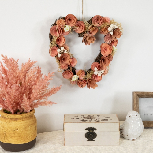 10" Pink Wooden Rose Heart Spring Wreath with Butterflies