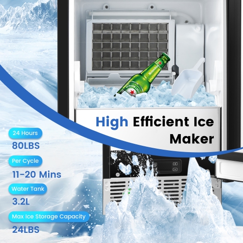 Costway Ice Maker Free-Standing/Under Counter Machine 80lbs/Day with External Drain Pump
