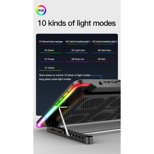 Gaming Laptop Cooling Pad 6 Quiet RGB Fans, Adjustable Stand for 7"-16" Laptops, USB Powered Portable Cooler with 7 Height Levels & Non-Slip Design