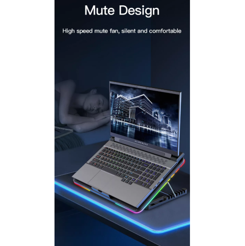 Gaming Laptop Cooling Pad 6 Quiet RGB Fans, Adjustable Stand for 7"-16" Laptops, USB Powered Portable Cooler with 7 Height Levels & Non-Slip Design