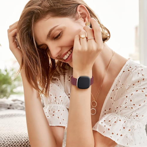 6 Pack Elastic Band Compatible with Fitbit Sense/Sense 2/Fitbit Versa 3/Versa 4 Bands Women Men, Adjustable Stretchy Nylon Solo Loop Replacement for