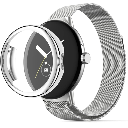 BESIOFO Compatible for Google Pixel Watch Bands with Screen Protector Case,Stainless Steel Mesh Sport Milanese Loop Adjustable No Gap Bracelet for