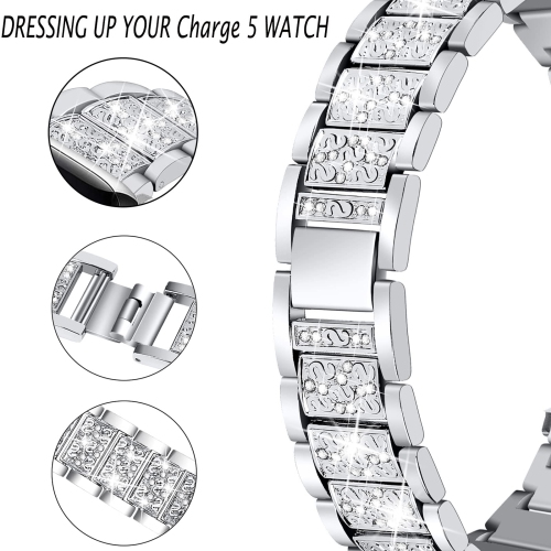 Bracelets pour charge 5 de Fitbit, bracelet en métal avec pierres du Rhin luxueux pour femmes