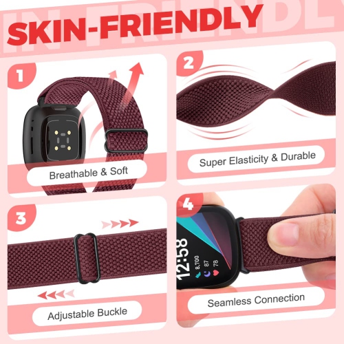 Enkic Adjustable Elastic Watch Bands Compatible with Fitbit Versa 4/Fitbit Versa 3/Fitbit Sense 2/Fitbit Sense Bands for Men Women, 6 Pack Soft Nylon
