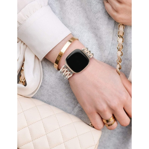 Handmade Boho Strap Compatible with Fitbit Sense Bands/Sense 2/Versa 3/Versa 4 Bands Women, Elastic Nylon Wristbands Stylish Solo Loop Bracelet for