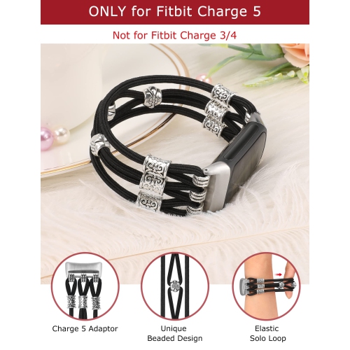 Beaded Bracelet Compatible with Fitbit Charge 5 Bands for Women Girl, Handmade Cute Classy Strap Elastic Soft Stylish Solo Loop Wristband Montre