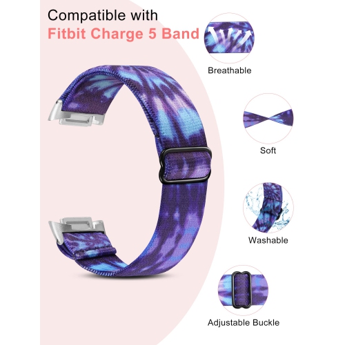 2 Packs Compatible with Fitbit Charge 5 Bands for Women Men Adjustable Elastic Solo Loop Strap Soft Nylon Sport Wristband Accessories for Charge 5