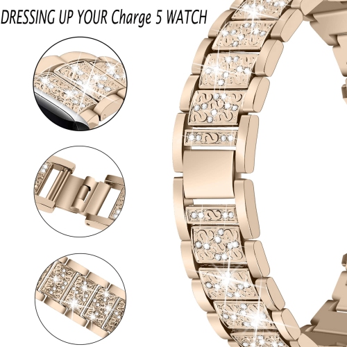 Fitbit Charge 5 Bands, Dressy Metal Bracelet Luxurious Rhinestone Replacement Wristband Strap for Women