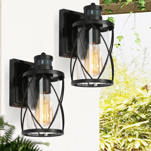 UOLFIN  Modern Drum Outdoor Wall Light 1-Light Motion Sensor Wall Lantern Sconce With Clear Glass Shade (2-Pack) In Black