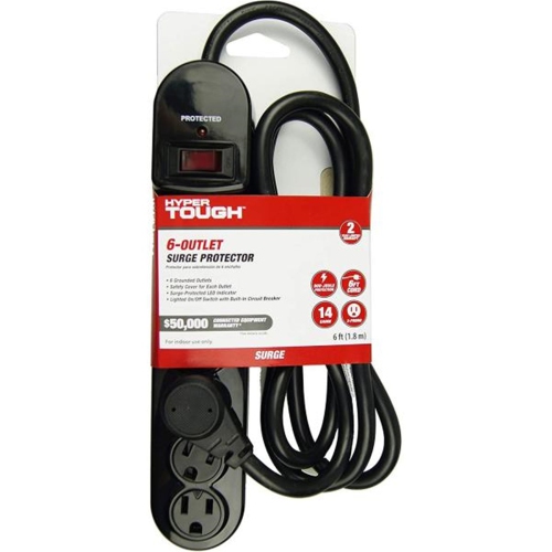 Hyper Tough - 6 Outlet Surge Protector, 900 Joules, 6 Foot Cable, Black