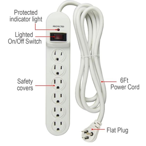 Hyper Tough - 6 Outlet Surge Protector, 900 Joules, 6 Foot Cable, White