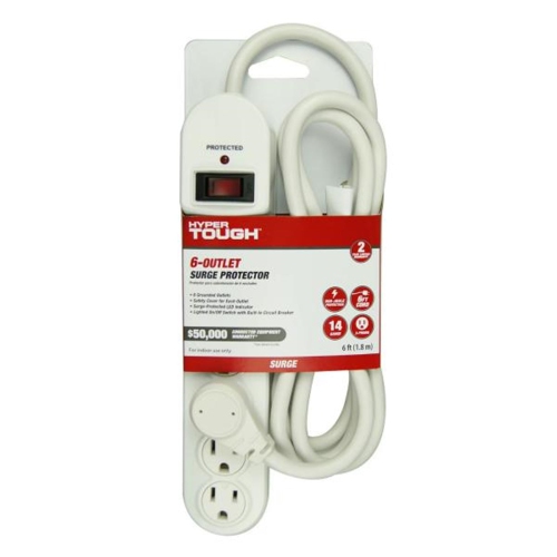 Hyper Tough - 6 Outlet Surge Protector, 900 Joules, 6 Foot Cable, White