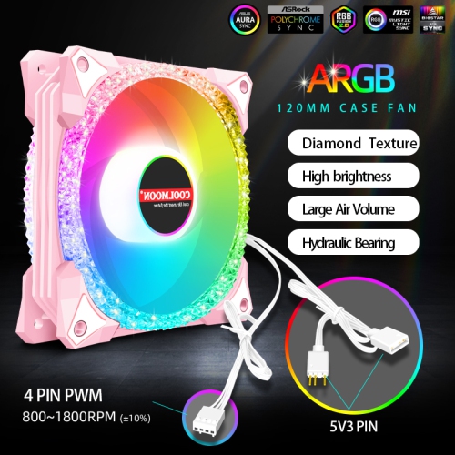 PC Case RGB LED Fan, 120mm, ARGB Cooling Fan, Ultra Quiet High Airflow , Addressable RGB Motherboard Sync Computer PC Cooling Pink