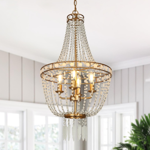 Transitional Beaded Empire Chandelier Light, 4-light Modern Farmhouse Boho Candlestick Chandelier with Crystal Beads