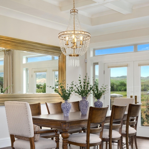 Transitional Beaded Empire Chandelier Light, 4-light Modern Farmhouse Boho Candlestick Chandelier with Crystal Beads