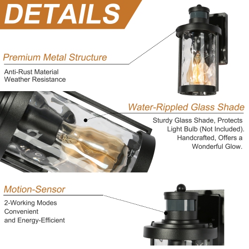 Modern Industrial Cylinder Motion Sensor Wall Sconce Light 1-Light Black Drum Wall Light 2-Pack