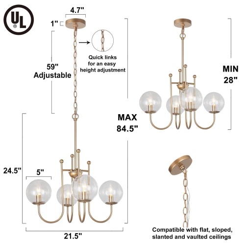 Modern Sputnik Chandelier Light 4-Light Satin Gold Island Chandelier Light with Clear Glass Shade