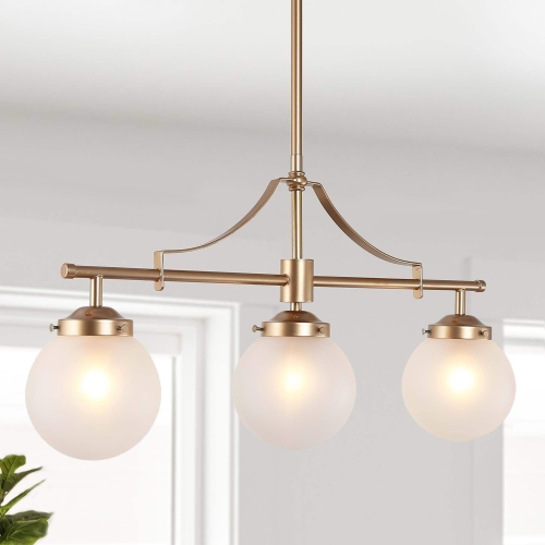 Farmhouse Gold Linear Island Chandelier, 3-Light Modern Dining Room Chandelier with Globe Frosted Glass Shades