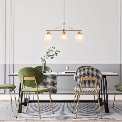 Farmhouse Gold Linear Island Chandelier, 3-Light Modern Dining Room Chandelier with Globe Frosted Glass Shades