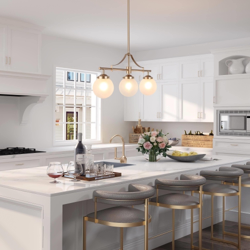 Farmhouse Gold Linear Island Chandelier, 3-Light Modern Dining Room Chandelier with Globe Frosted Glass Shades