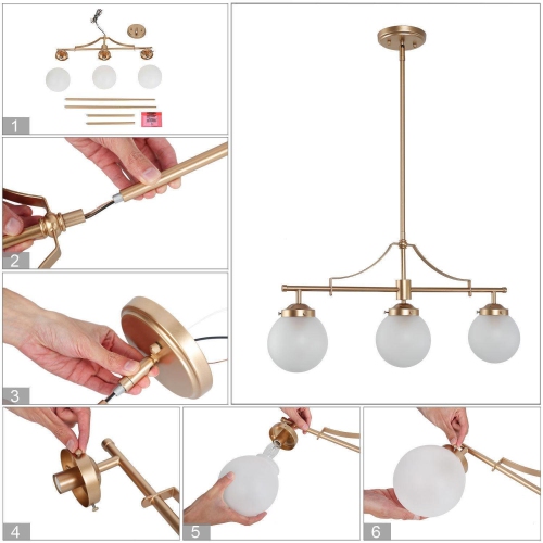 Farmhouse Gold Linear Island Chandelier, 3-Light Modern Dining Room Chandelier with Globe Frosted Glass Shades