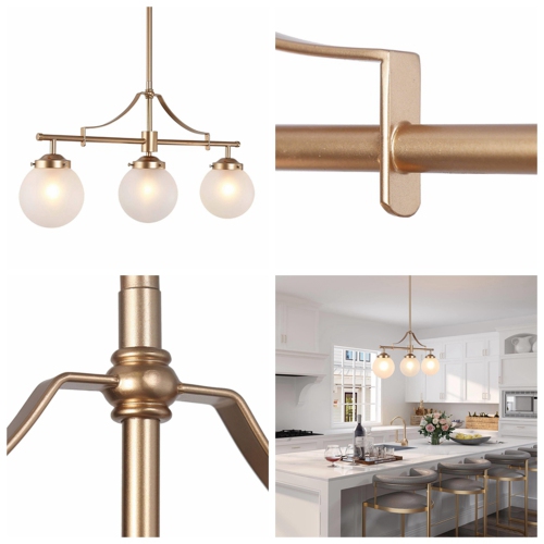Farmhouse Gold Linear Island Chandelier, 3-Light Modern Dining Room Chandelier with Globe Frosted Glass Shades