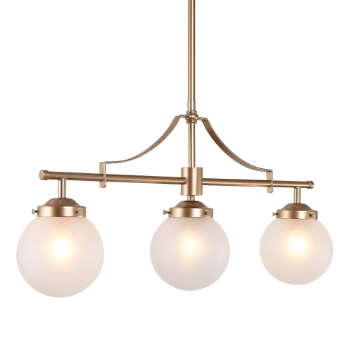 Farmhouse Gold Linear Island Chandelier, 3-Light Modern Dining Room Chandelier with Globe Frosted Glass Shades